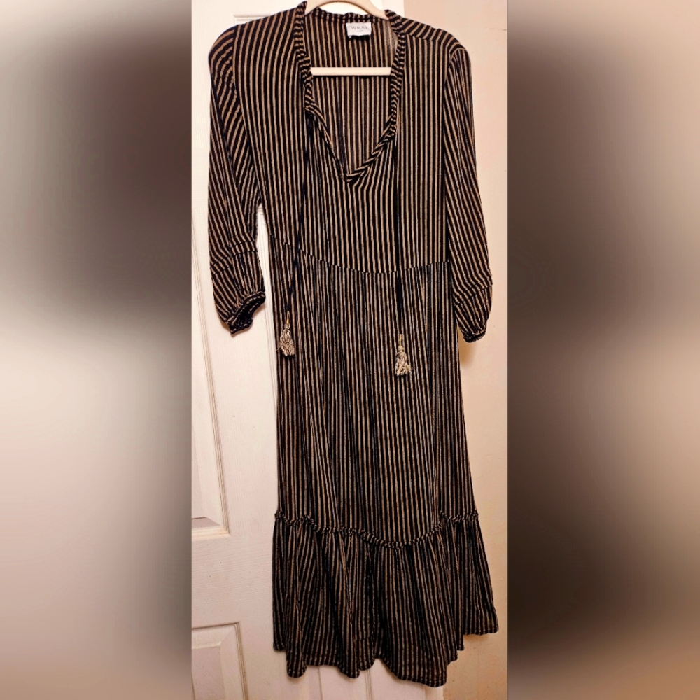 London WRAP Textured Tassle Long and Striped Peaseants Dress